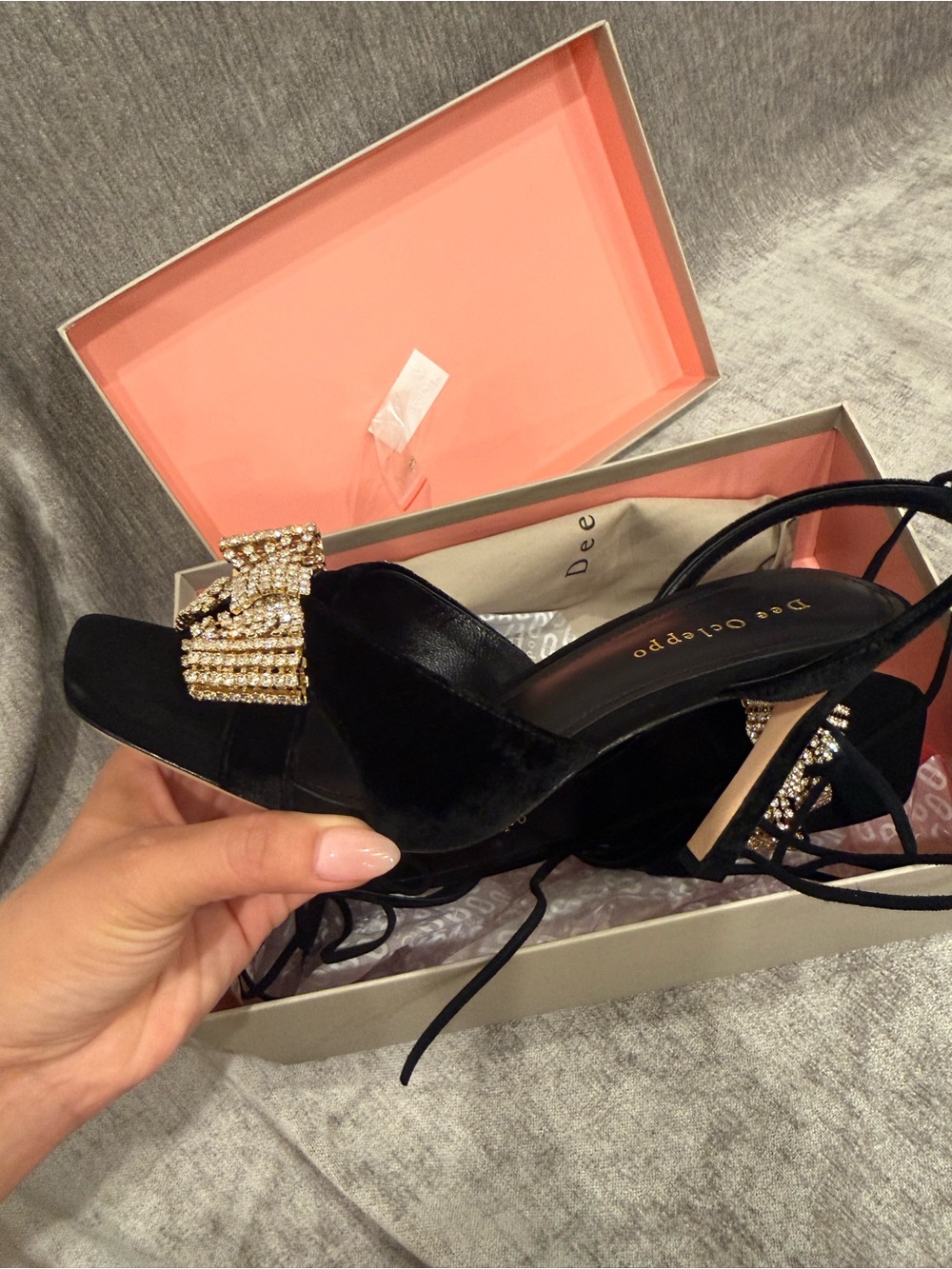 Black Velvet Lace-Up Heels with Crystal Bow Accent